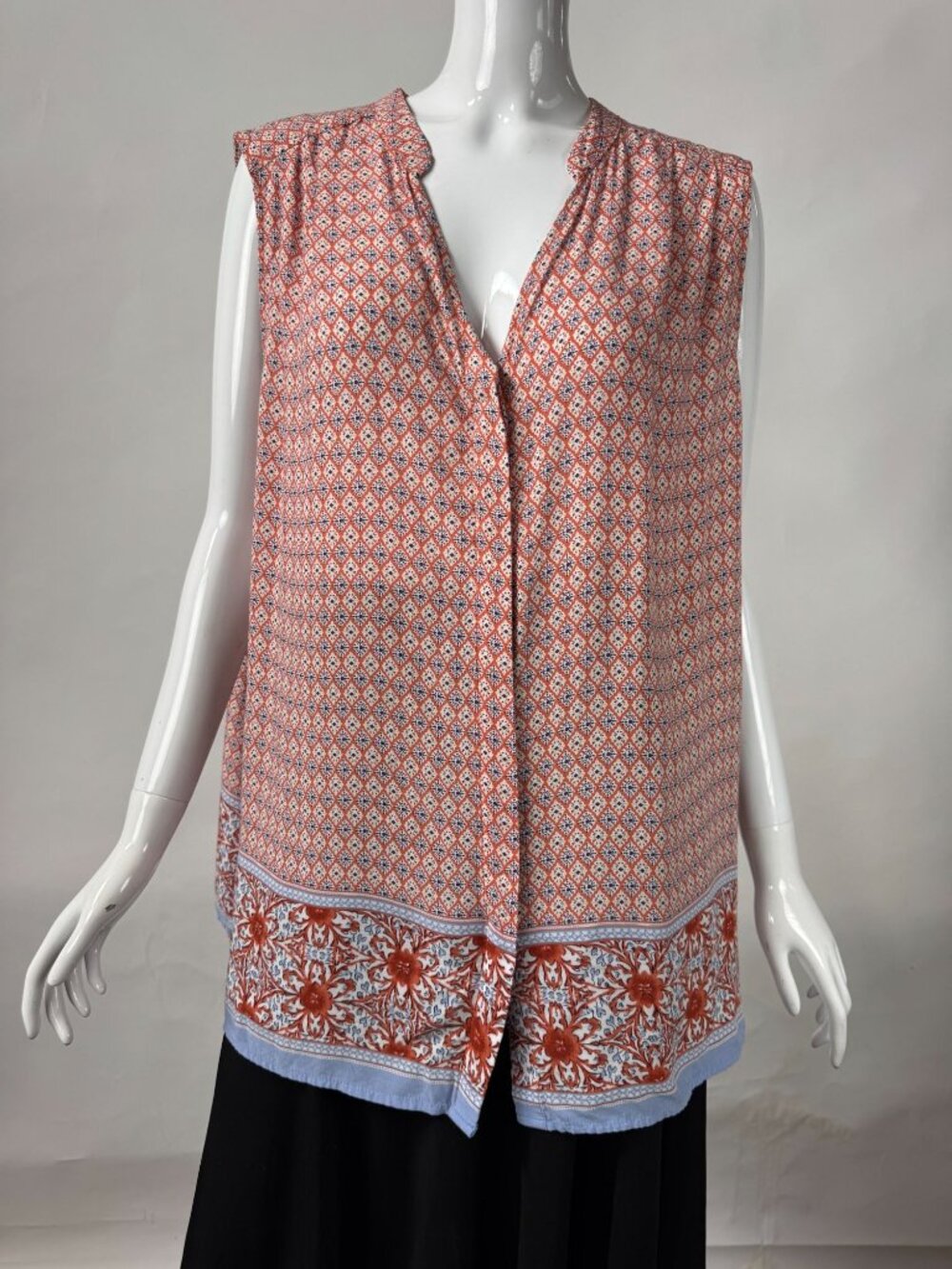 Anne Carson Womens 2X Sleeveless Blouse With Floral Border Print In Orange & Blu